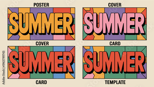 A vibrant poster design features the word summer repeated four times with a colorful geometric aesthetic and diverse color schemes high quality professional detailed modern elegant