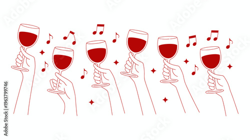 A minimalist illustration depicts multiple hands raising red wine glasses in a celebratory toast adorned with musical notes and sparkles high quality professional detailed modern elegant