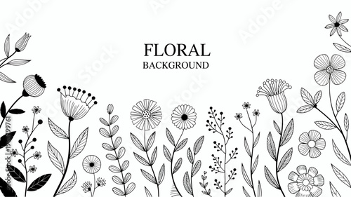 A black and white floral background features various hand drawn botanical elements including flowers leaves and stems arranged artfully high quality professional detailed modern elegant stylish