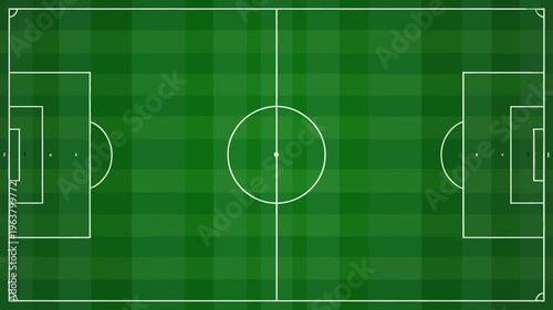 An aerial view showcases a vibrant green soccer field complete with white lines marking the boundaries center circle and goal areas high quality professional detailed modern
