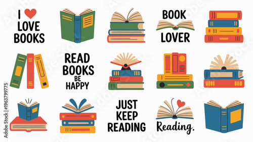 A colorful illustration depicts various stacks and individual open books with text elements promoting reading and a love for books high quality professional detailed modern elegant
