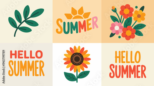 A vibrant grid displays summer themed illustrations including floral arrangements a sunflower and the words summer and hello summer high quality professional detailed modern elegant stylish
