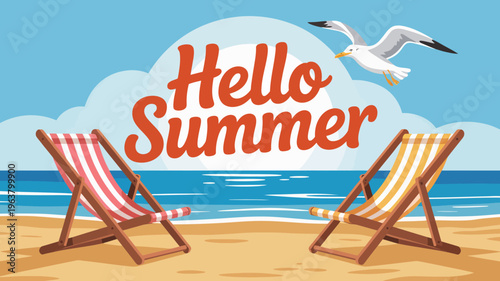 A vibrant illustration depicts a summer beach scene with deck chairs a bright sun and a flying seagull welcoming the season high quality professional detailed modern
