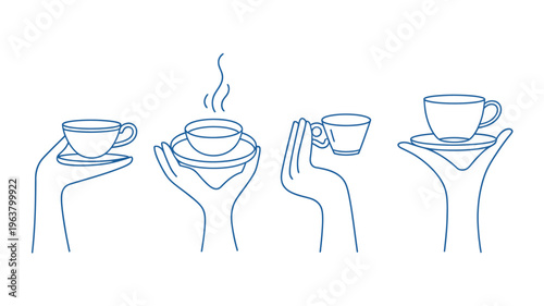 A series of hands are depicted holding or offering cups and saucers illustrating different stages of serving or receiving tea high quality professional detailed modern elegant