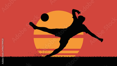 A silhouetted soccer player executes a dynamic kick against a vibrant orange and red sunset backdrop creating a striking visual contrast high quality professional detailed modern