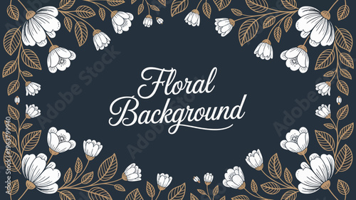 An elegant floral wreath design features delicate white blossoms and golden leaves arranged around ornate calligraphy text high quality professional detailed modern stylish clean crisp vibrant