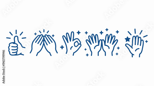 A collection of blue line art illustrations depicts various hand gestures including clapping thumbs up and expressions of excitement high quality professional detailed modern elegant stylish