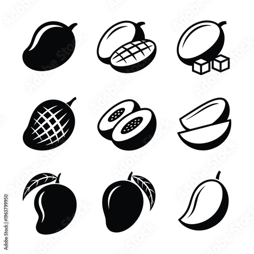 Black and white mango illustrations showing various forms and cut sections