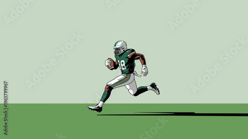 An illustrated depiction showcases a football player in a green and white uniform sprinting with the ball focused on athletic movement high quality professional detailed modern
