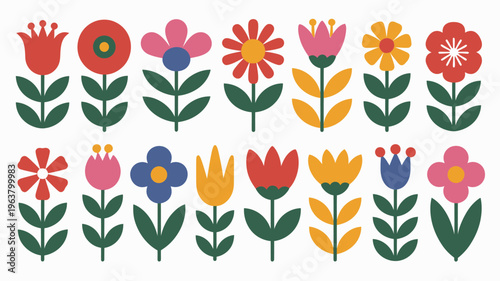 A colorful stylized illustration displays a variety of simple flowers in a row each with unique petal shapes and vibrant hues high quality professional detailed modern