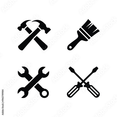 Black silhouette icons depicting a hammer paintbrush wrench and screwdriver
