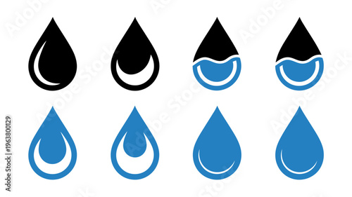 A collection of eight water droplet icons is displayed varying in shade and fullness against a stark white background high quality professional detailed modern elegant stylish