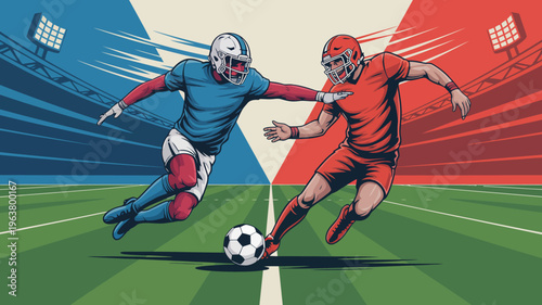 A dynamic illustration depicts two american football players in action clashing on a vibrant split color field under stadium lights high quality professional detailed modern elegant