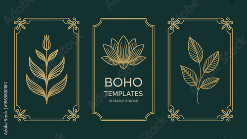 Obraz na plátne A dark teal background features three golden botanical frames with floral design