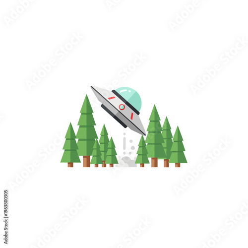 ufo spaceship taking off from a pine forest in a flat design illustration representing alien technology and mysterious nature encounter