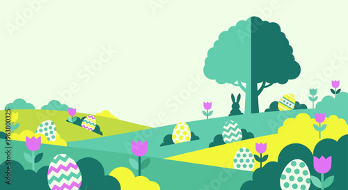 vibrant easter egg hunt illustration with colorful eggs and cute bunnies hidden in a cheerful spring landscape scene.