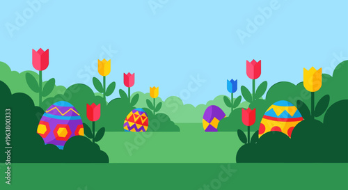 vibrant easter egg hunt scene with colorful decorated eggs and blooming tulips hidden in lush green bushes on a sunny spring day