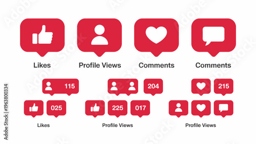 A collection of red social media icons depicting likes profile views comments and associated numerical counts are displayed high quality professional detailed modern elegant stylish clean