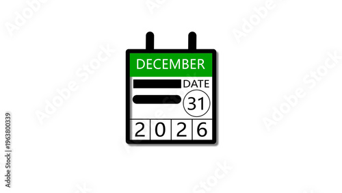 31 December 2026 Calendar illustration with clock icon. Perfect for countdown videos, on a black background. and stunning 4k illustration.
