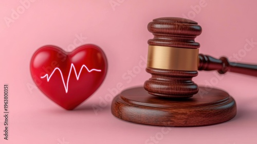wooden gavel on sound block beside a red heart with a white heartbeat line on a soft pink background conveying serious legal judgment and compassionate care