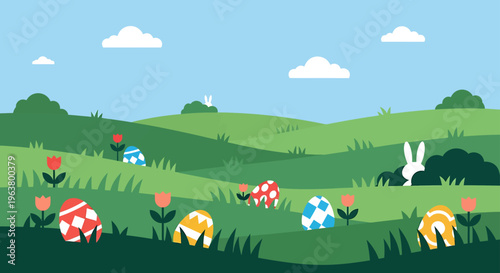a cheerful easter egg hunt with colorful eggs and hidden bunnies in a vibrant spring landscape featuring rolling green hills.