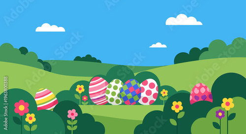 a delightful easter egg hunt scene featuring colorful decorated eggs among vibrant spring flowers in a sunny green landscape