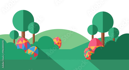 a modern flat design easter egg hunt with colorful eggs hidden among vibrant green spring bushes celebrating outdoor holiday fun.