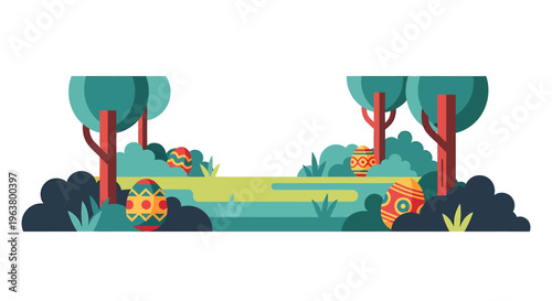 a playful easter egg hunt scene featuring colorful easter eggs hidden among trees and bushes ideal for spring holiday celebrations.