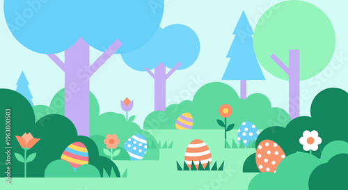vibrant modern flat design easter egg hunt in a whimsical spring forest with colorful eggs and blooming flowers.