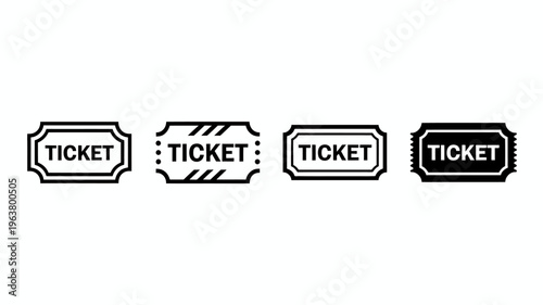 A collection of four different black and white ticket illustrations each with a unique frame design and the word ticket displayed high quality professional detailed modern