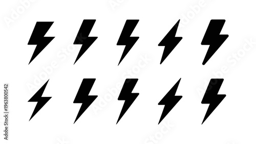 A collection of black lightning bolt icons are displayed against a stark white background showcasing various orientations and designs high quality professional detailed modern elegant stylish