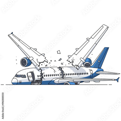 a cartoon crashed airplane with broken fuselage and detached wings depicting an aviation accident illustration.