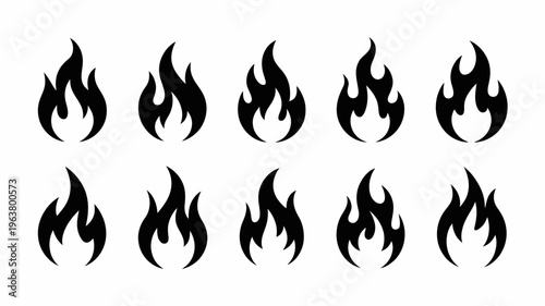 A collection of stylized black flame graphics are displayed against a stark white background offering diverse shapes and intensities high quality professional detailed modern elegant stylish