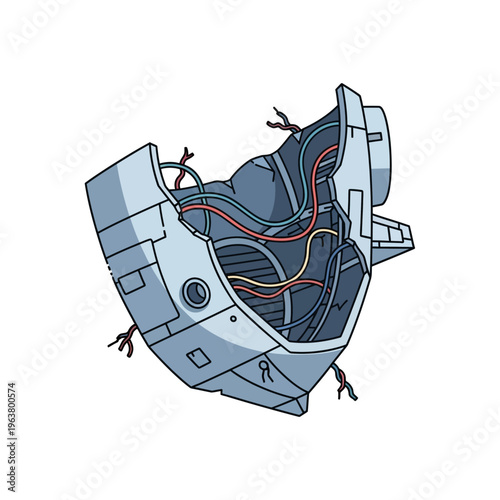 a detailed mechanical illustration of a broken futuristic device with exposed wires and internal components perfect for technology repair concepts.