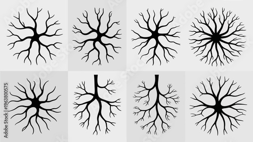 A grid displays nine stylized black illustrations resembling tree branches or neural networks against a light gray background high quality professional detailed modern elegant stylish clean