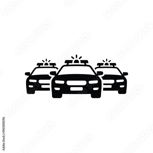 Three black silhouette police cars with activated light bars illustrated