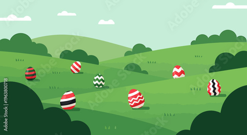 colorful easter egg hunt on a vibrant green hillside perfect for spring holiday celebrations.