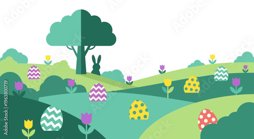 colorful easter egg hunt in a vibrant flat design spring landscape with hidden eggs and a cute bunny for holiday celebration