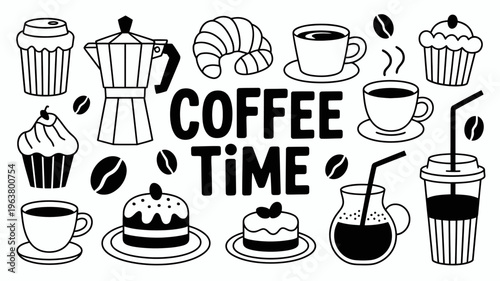 A black and white illustration depicts various coffee related items and sweet treats including croissants cupcakes and coffee pots high quality professional detailed modern elegant stylish
