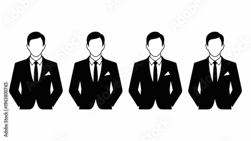 A series of four identical black silhouettes depict formally dressed men in suits ties and pocket squares high quality professional detailed modern elegant stylish clean crisp