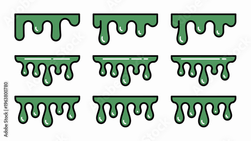 A playful arrangement of nine green slime drips or blobs each with a distinct shape and outlined in black high quality professional detailed modern elegant stylish