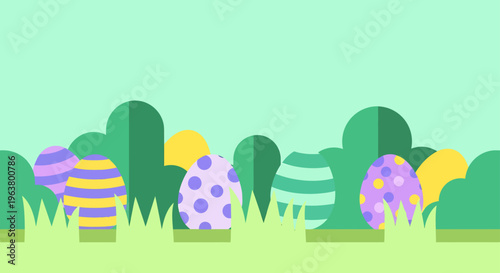 colorful easter eggs hidden in spring grass a modern flat design illustration for an outdoor egg hunt holiday celebration.