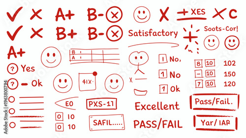 A collection of hand drawn red school grade symbols check marks and doodles including smiley faces and test scores high quality professional detailed modern elegant stylish