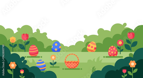 colorful flat design easter egg hunt in a vibrant spring garden with flowers and a basket perfect for holiday celebration backgrounds.