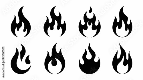 A collection of eight stylized black flames are displayed against a stark white background showcasing various shapes and intensities high quality professional detailed modern elegant stylish