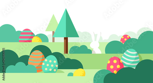 modern flat design easter egg hunt with colorful eggs and a hidden bunny in a vibrant spring nature landscape illustration.