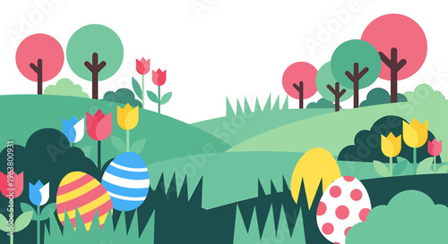 modern flat design easter egg hunt with colorful eggs blooming tulips and rolling green hills in a spring landscape.