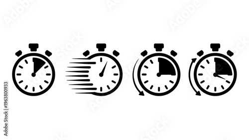 A series of four black stopwatch icons illustrates the concept of time measurement speed and the progression of moments high quality professional detailed modern elegant stylish
