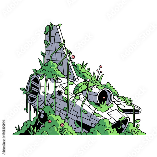 overgrown abandoned spaceship wreck covered in vibrant green vines and plants symbolizing nature reclaiming technology.