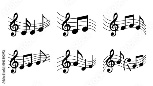 A collection of black musical notes and clef symbols float across a clean white background representing musical composition and rhythm high quality professional detailed modern elegant